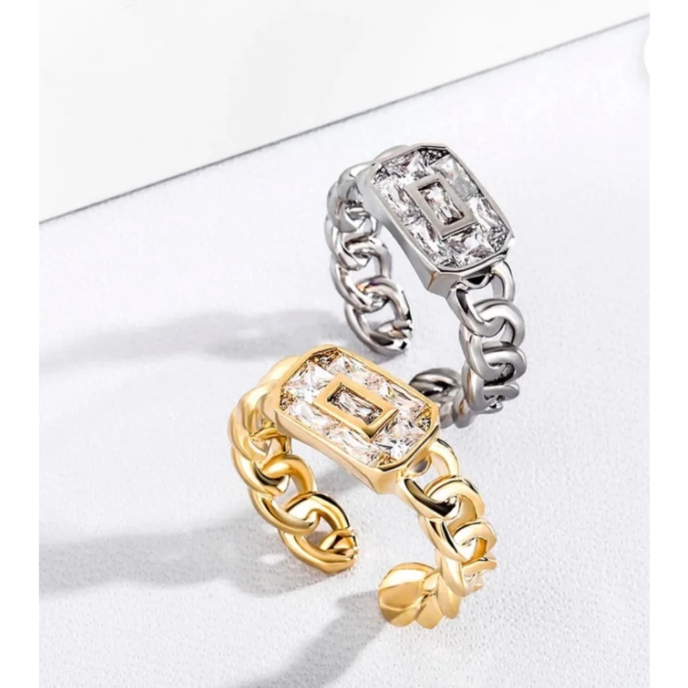 Unisex 14k Gold Filled Chain Rectangle Simulated‎ Diamond Ring, Adjustable NEW